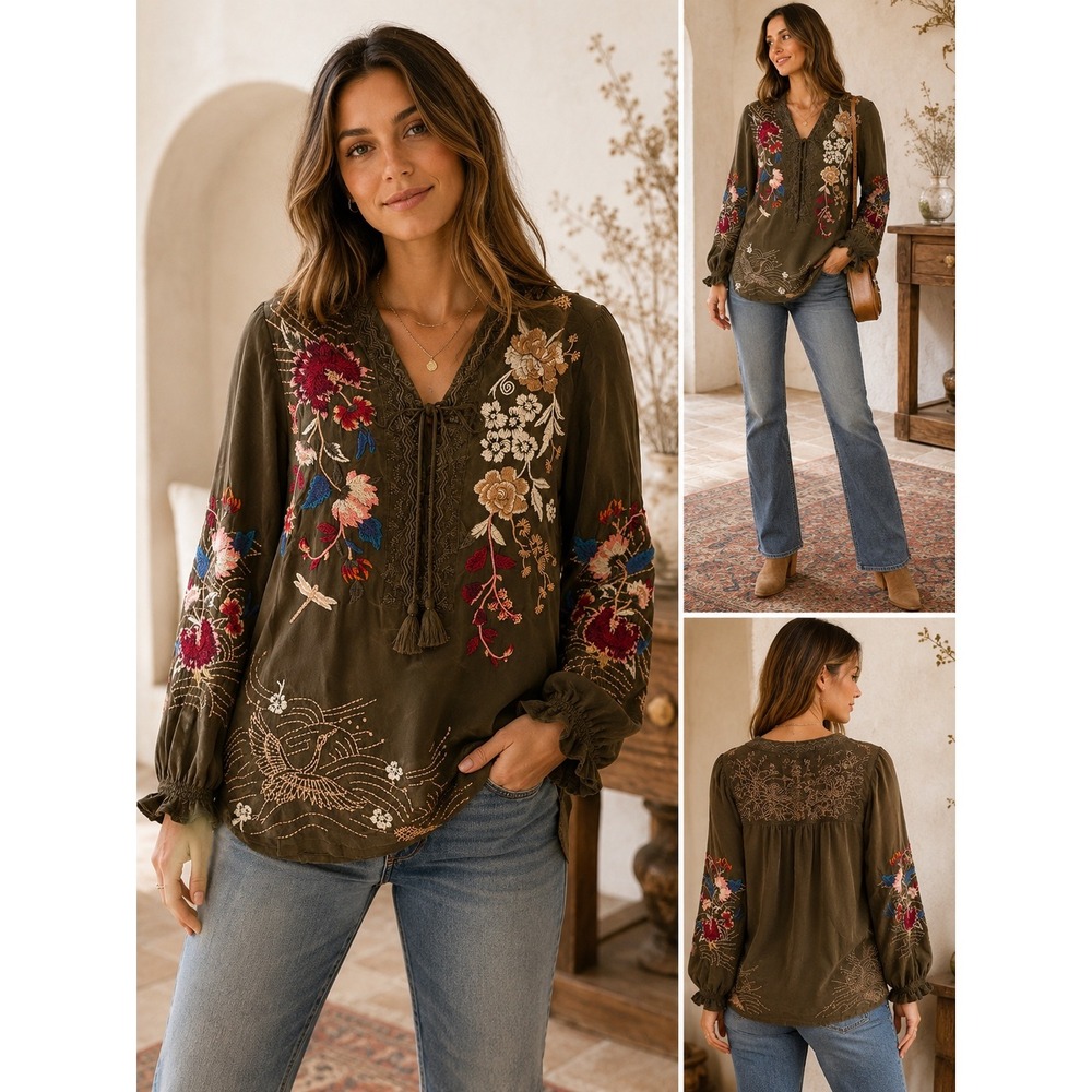 Johnny Was Workshop Silk Embroidered Boho Floral Bird Tunic Top Olive Small Y2K